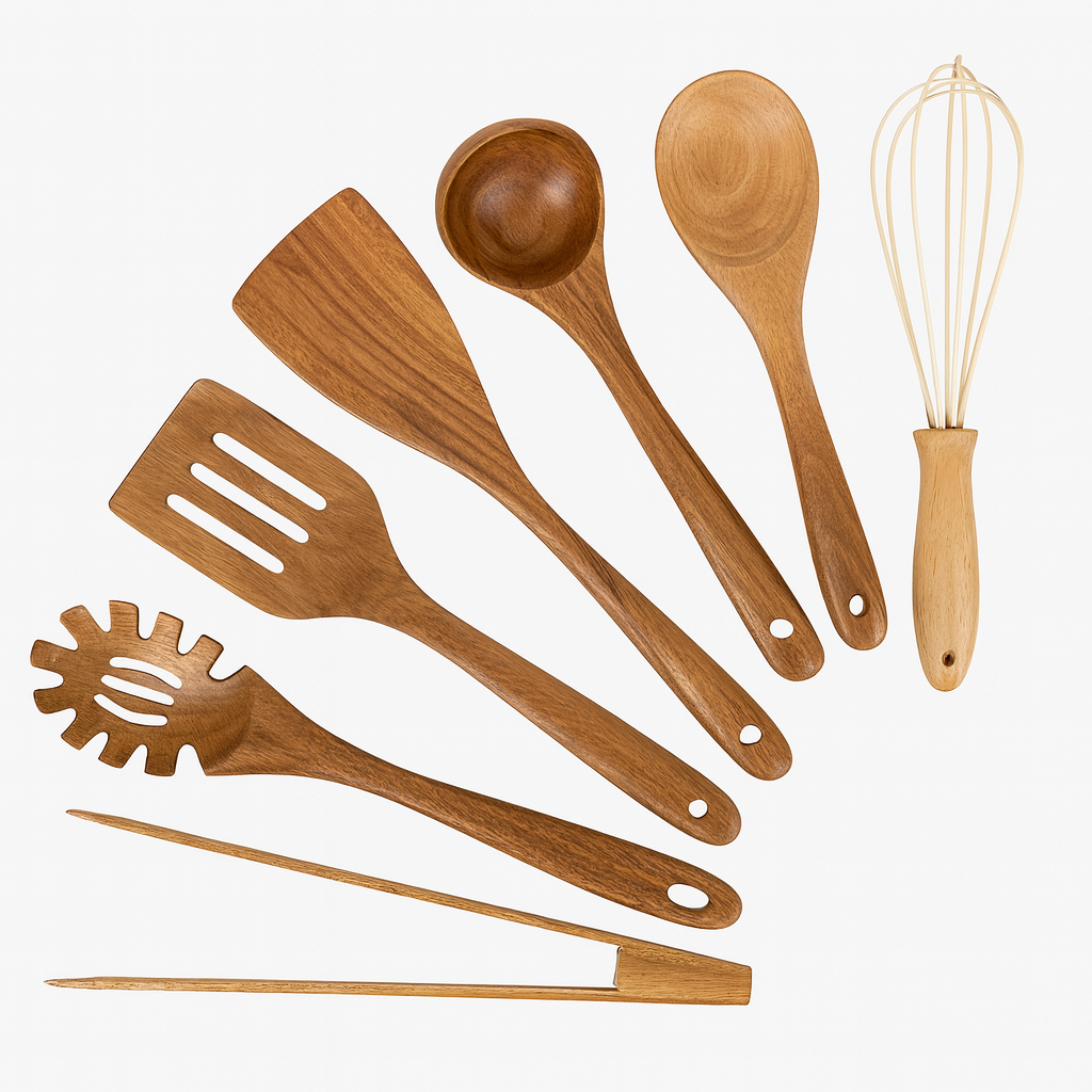 Set houten keukengerei met lepels, spatels, tang, pastaschep en garde op een witte achtergrond.