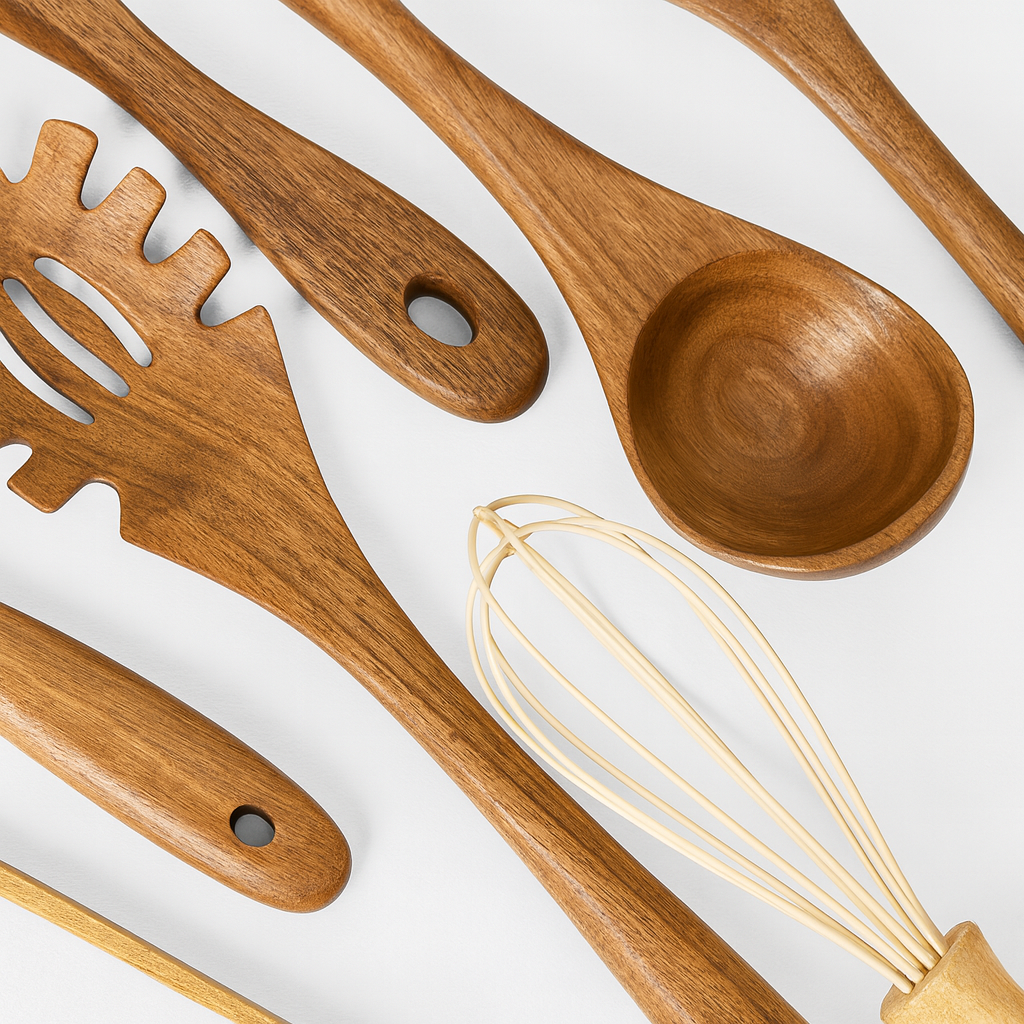 Set houten keukengerei met lepels, spatels, tang, pastaschep en garde op een witte achtergrond.