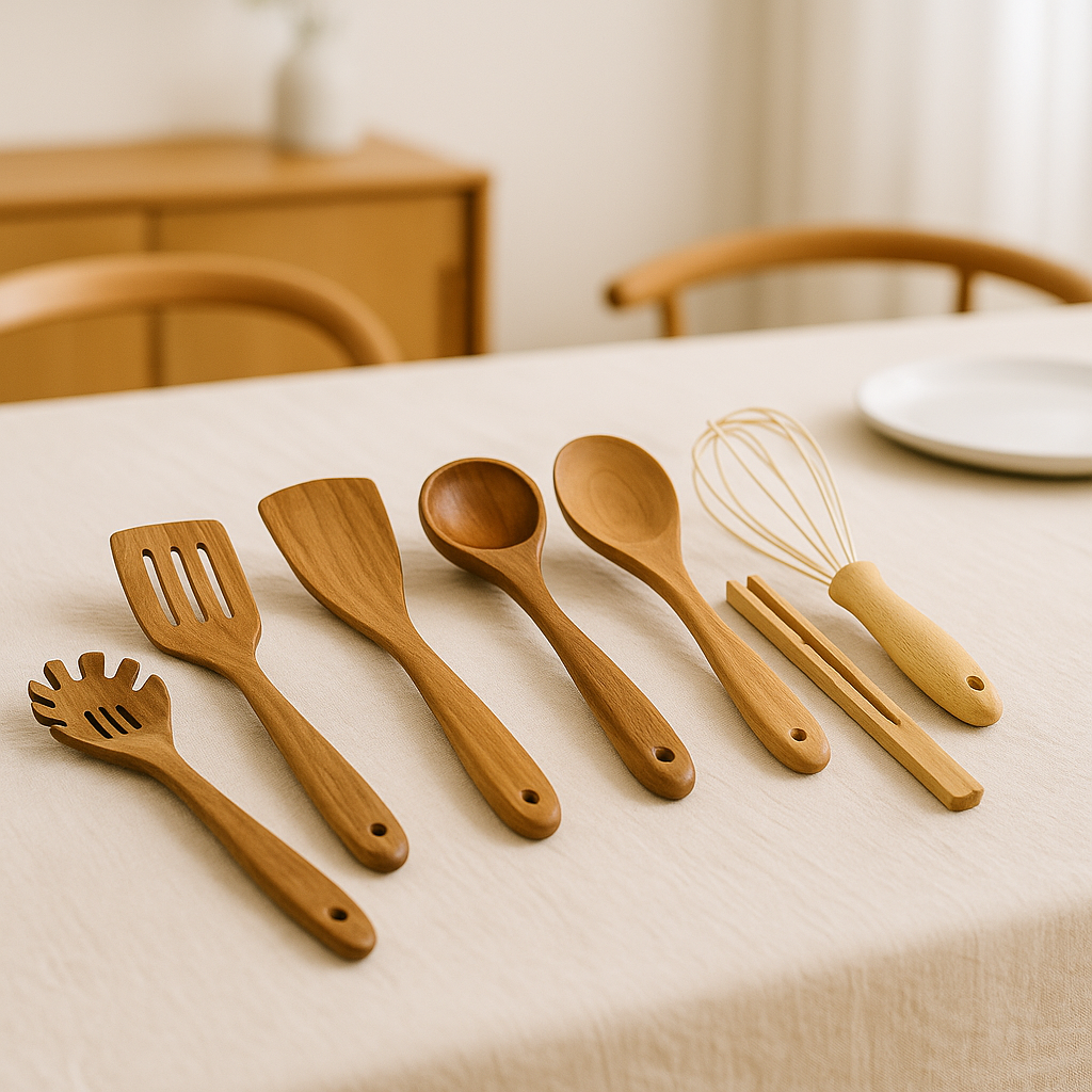 Set houten keukengerei met lepels, spatels, tang, pastaschep en garde op een witte achtergrond.