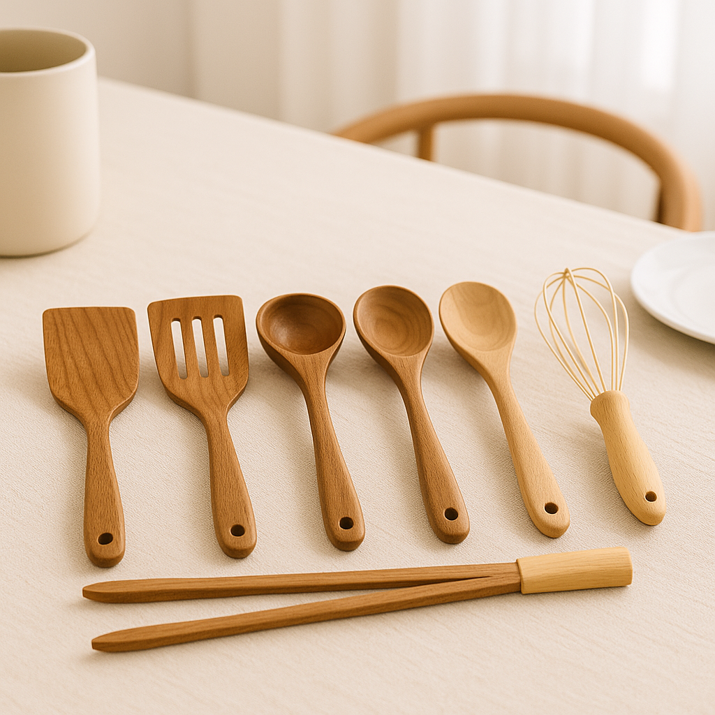 Set houten keukengerei met lepels, spatels, tang, pastaschep en garde op een witte achtergrond.