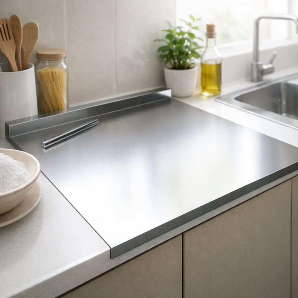 Roestvrijstalen aanrechtbeschermer en snijplaat geplaatst over een keukenkast naast de gootsteen.