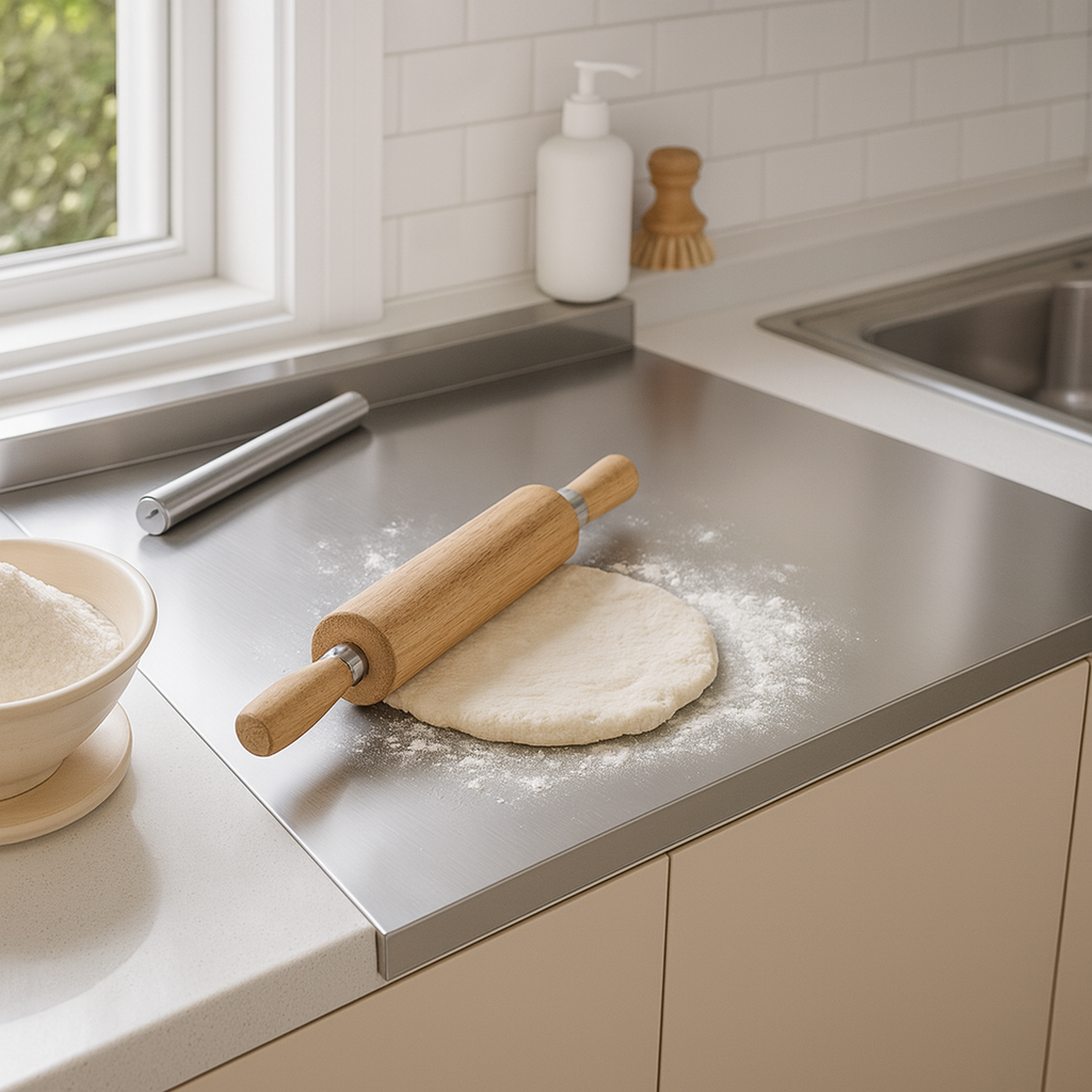 Roestvrijstalen aanrechtbeschermer en snijplaat geplaatst over een keukenkast naast de gootsteen.