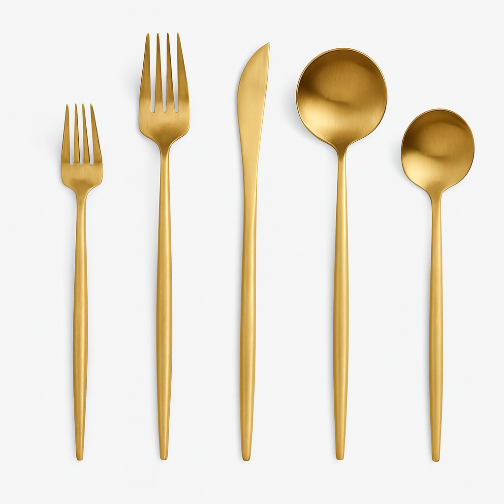 Cutlery set with fork, knife, spoon, dessert fork and dessert spoon, neatly presented on a gray background.