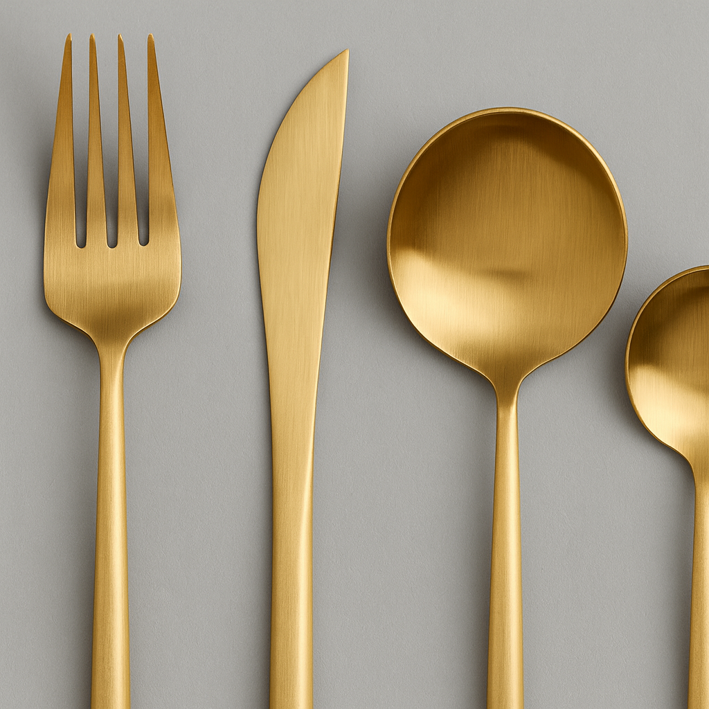 Cutlery set with fork, knife, spoon, dessert fork and dessert spoon, neatly presented on a gray background.
