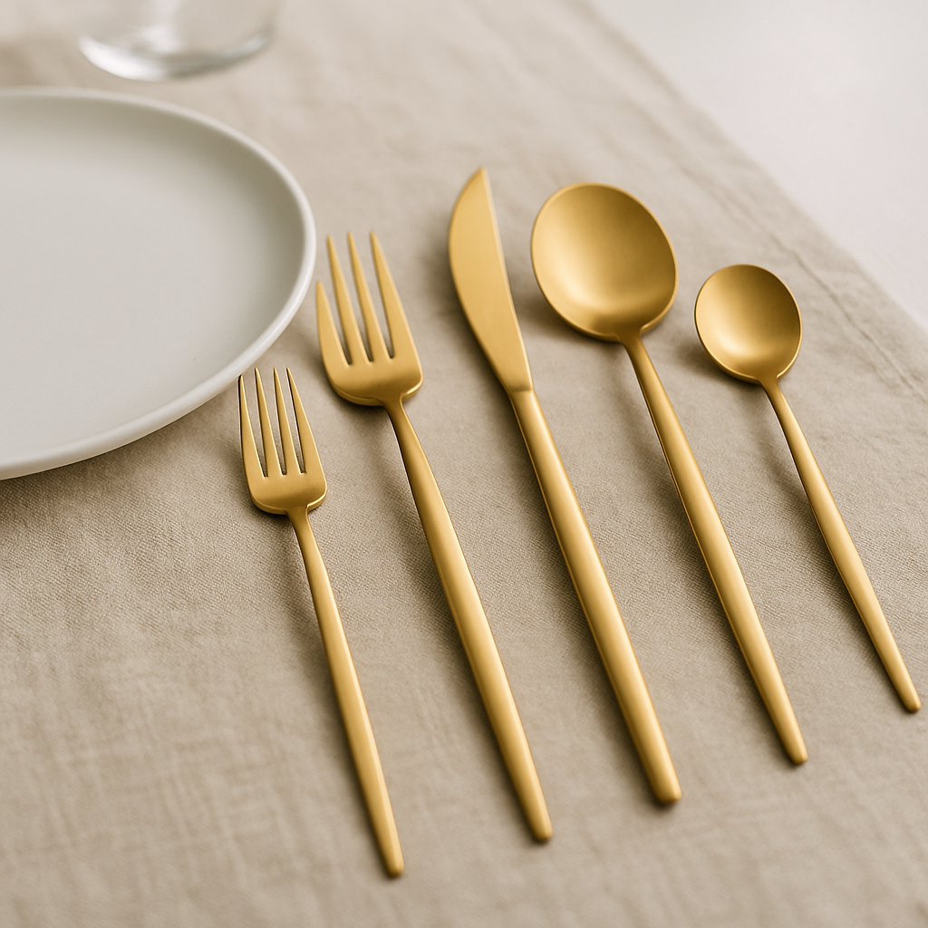Cutlery set with fork, knife, spoon, dessert fork and dessert spoon, neatly presented on a gray background.