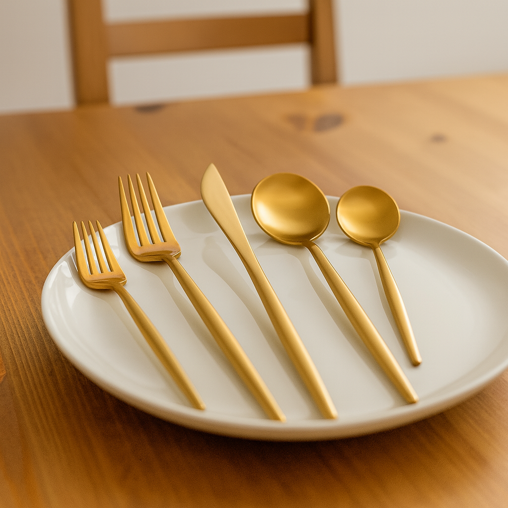 Cutlery set with fork, knife, spoon, dessert fork and dessert spoon, neatly presented on a gray background.