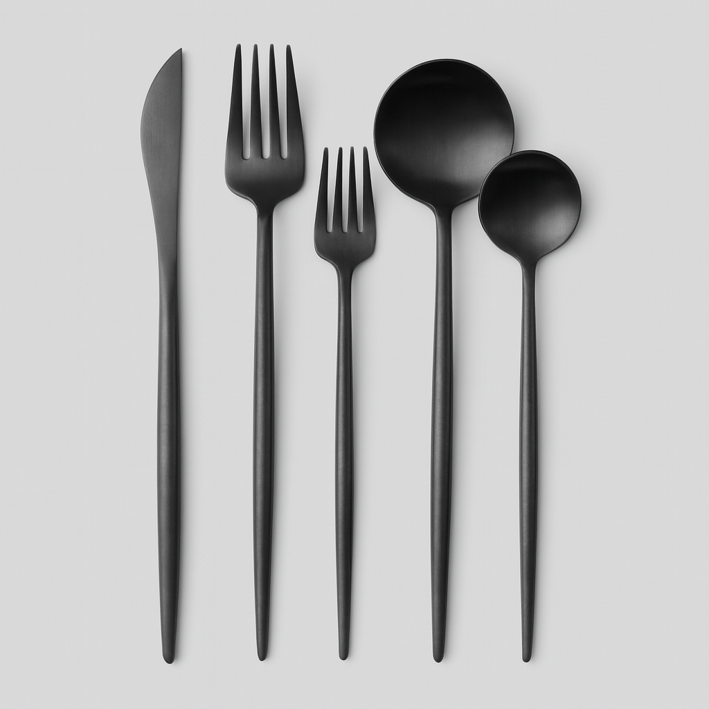 Cutlery set with fork, knife, spoon, dessert fork and dessert spoon, neatly presented on a gray background.