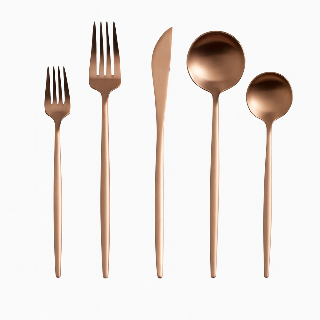 Cutlery set with fork, knife, spoon, dessert fork and dessert spoon, neatly presented on a gray background.