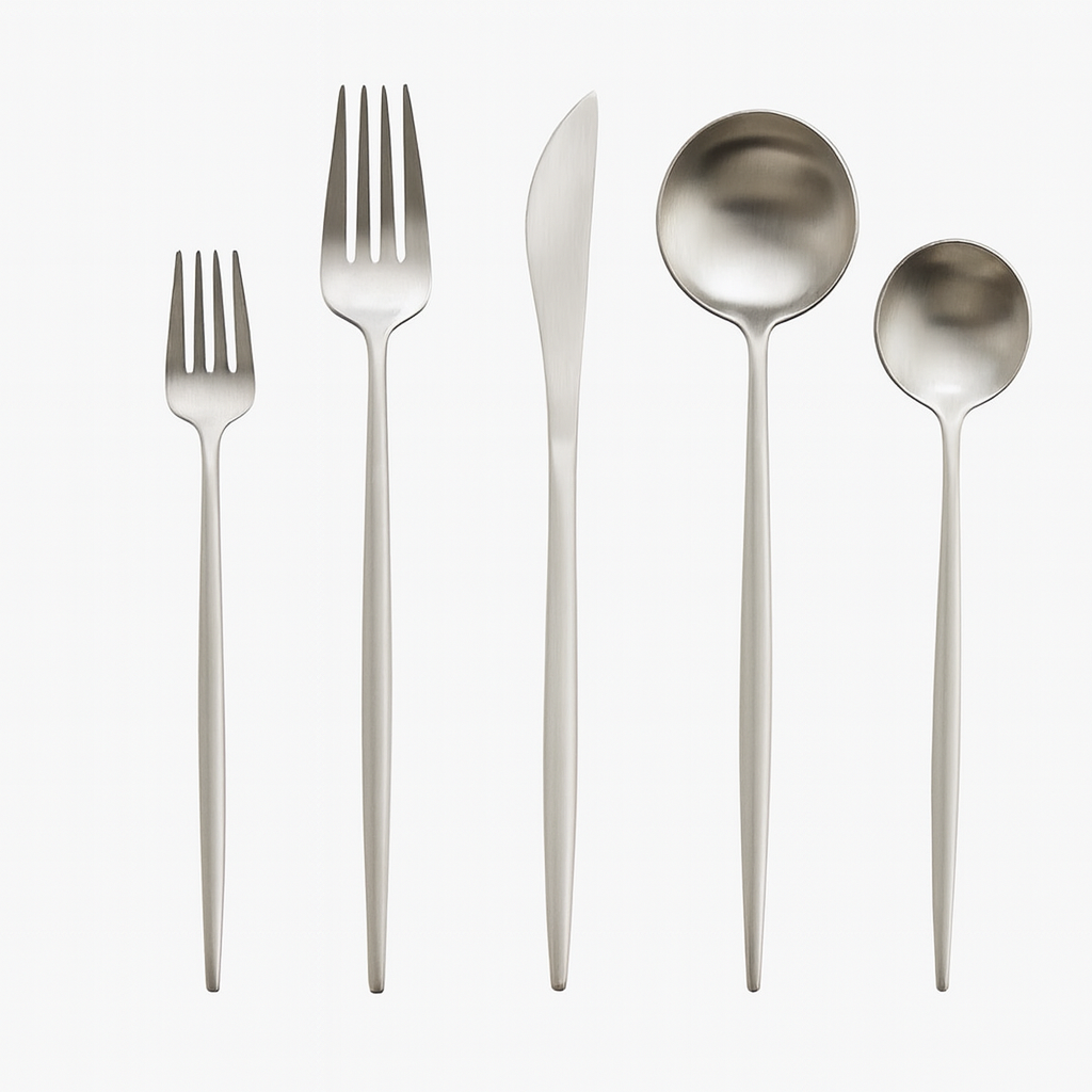 Cutlery set with fork, knife, spoon, dessert fork and dessert spoon, neatly presented on a gray background.