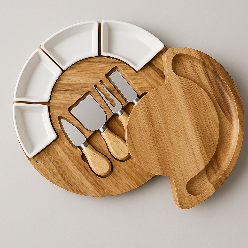 Ronde houten draaibare kaasplankset met keramische dipschaaltjes en geïntegreerde kaasmesjes.