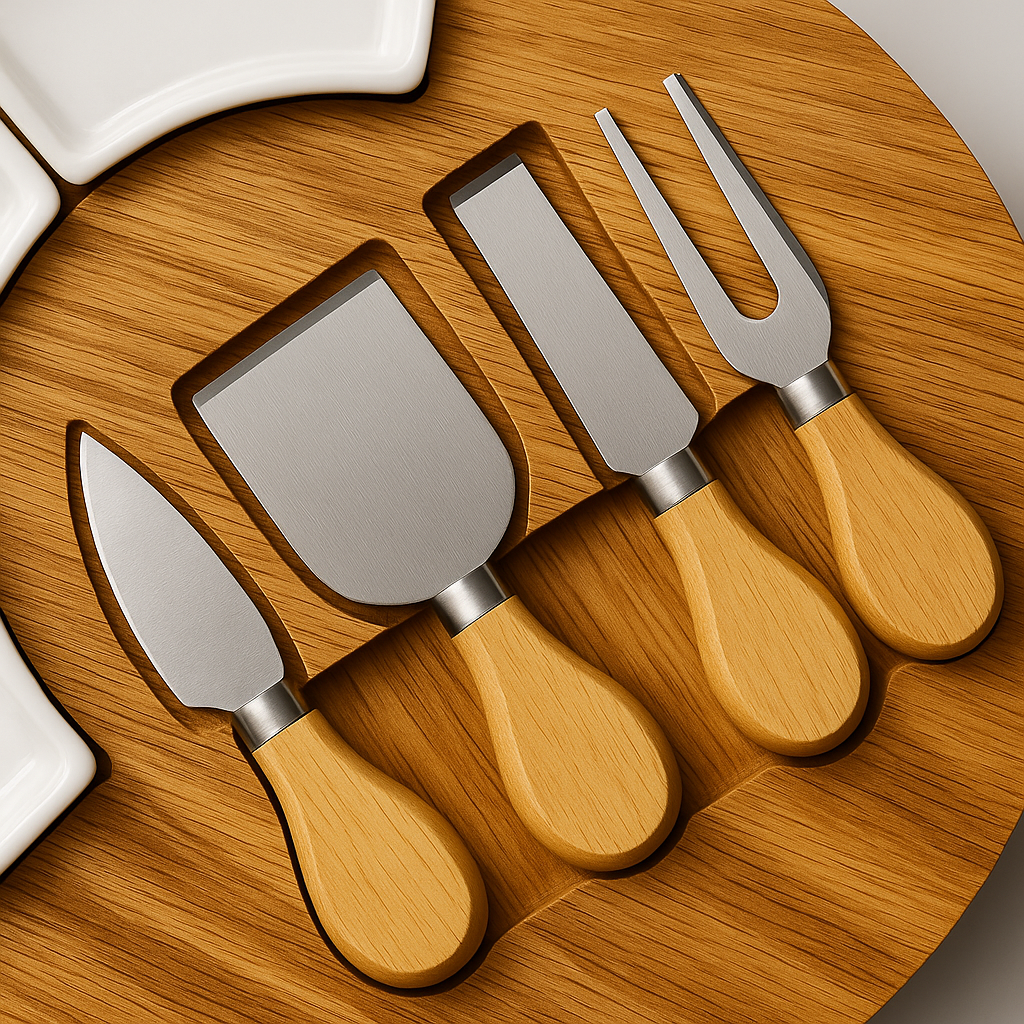 Ronde houten draaibare kaasplankset met keramische dipschaaltjes en geïntegreerde kaasmesjes.