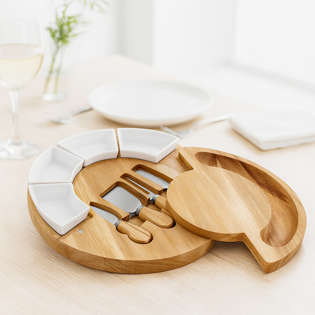Ronde houten draaibare kaasplankset met keramische dipschaaltjes en geïntegreerde kaasmesjes.