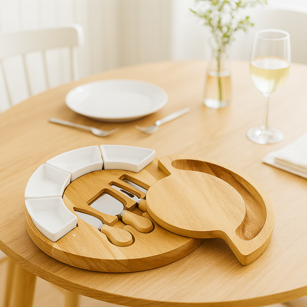 Ronde houten draaibare kaasplankset met keramische dipschaaltjes en geïntegreerde kaasmesjes.