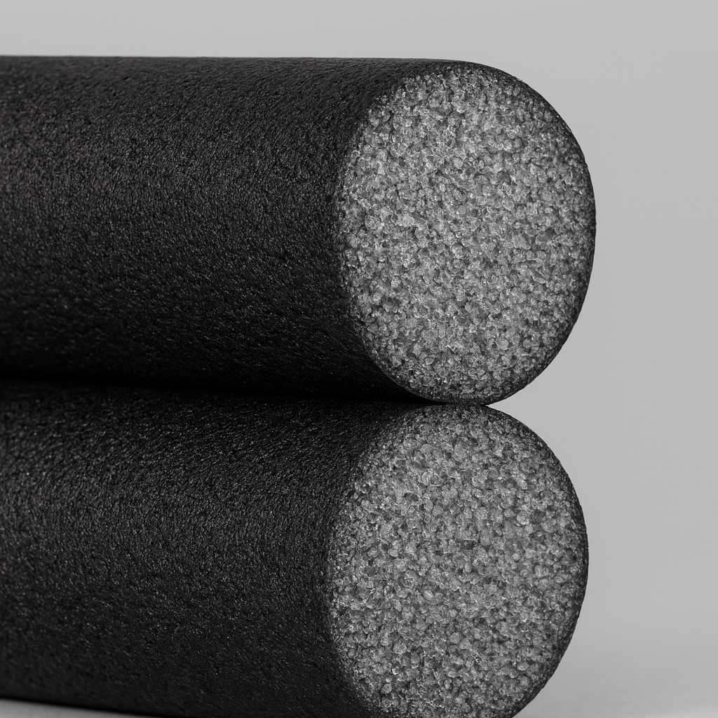 Een houten deur met een zwarte tochtstrip van schuim eronder geplaatst.