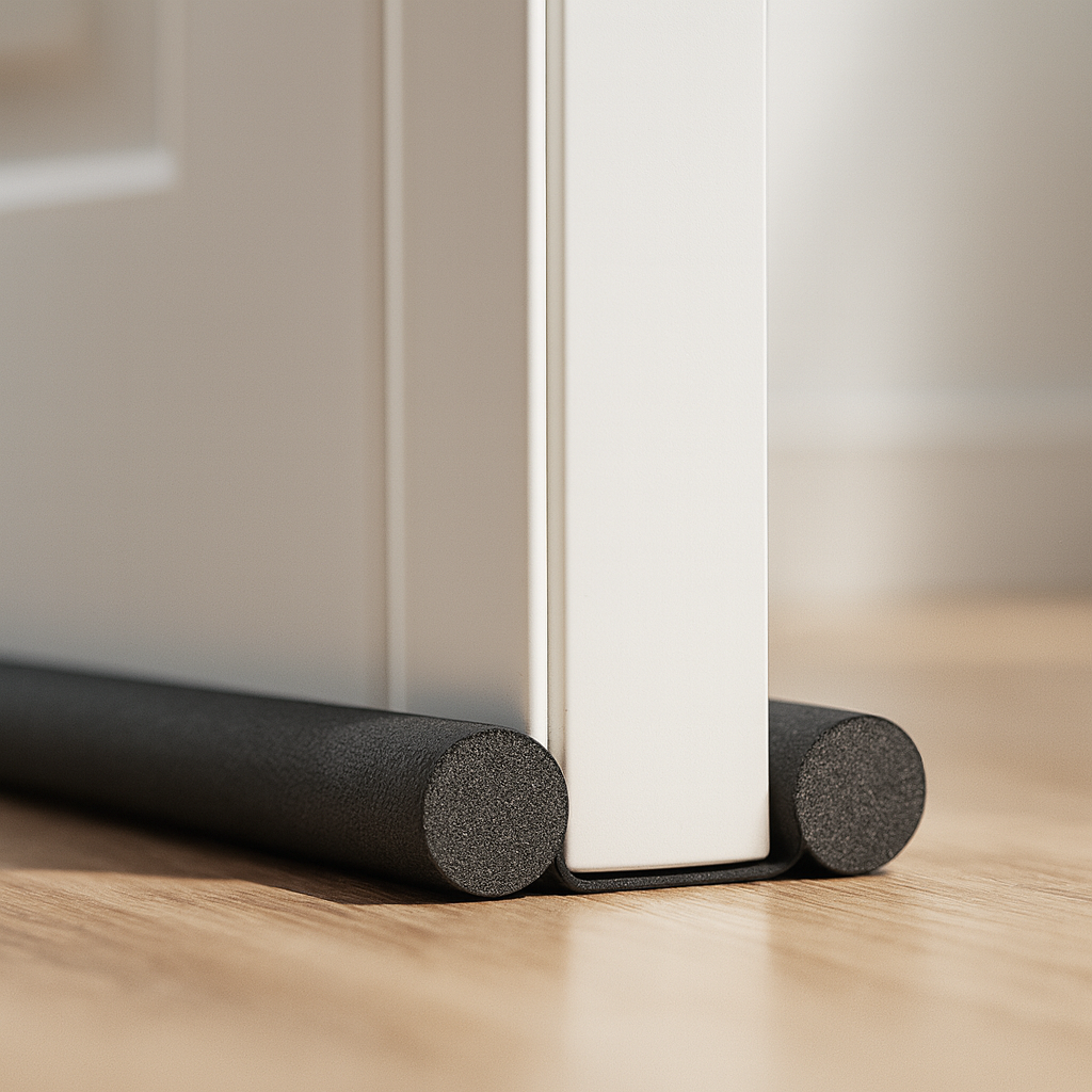 Een houten deur met een zwarte tochtstrip van schuim eronder geplaatst.