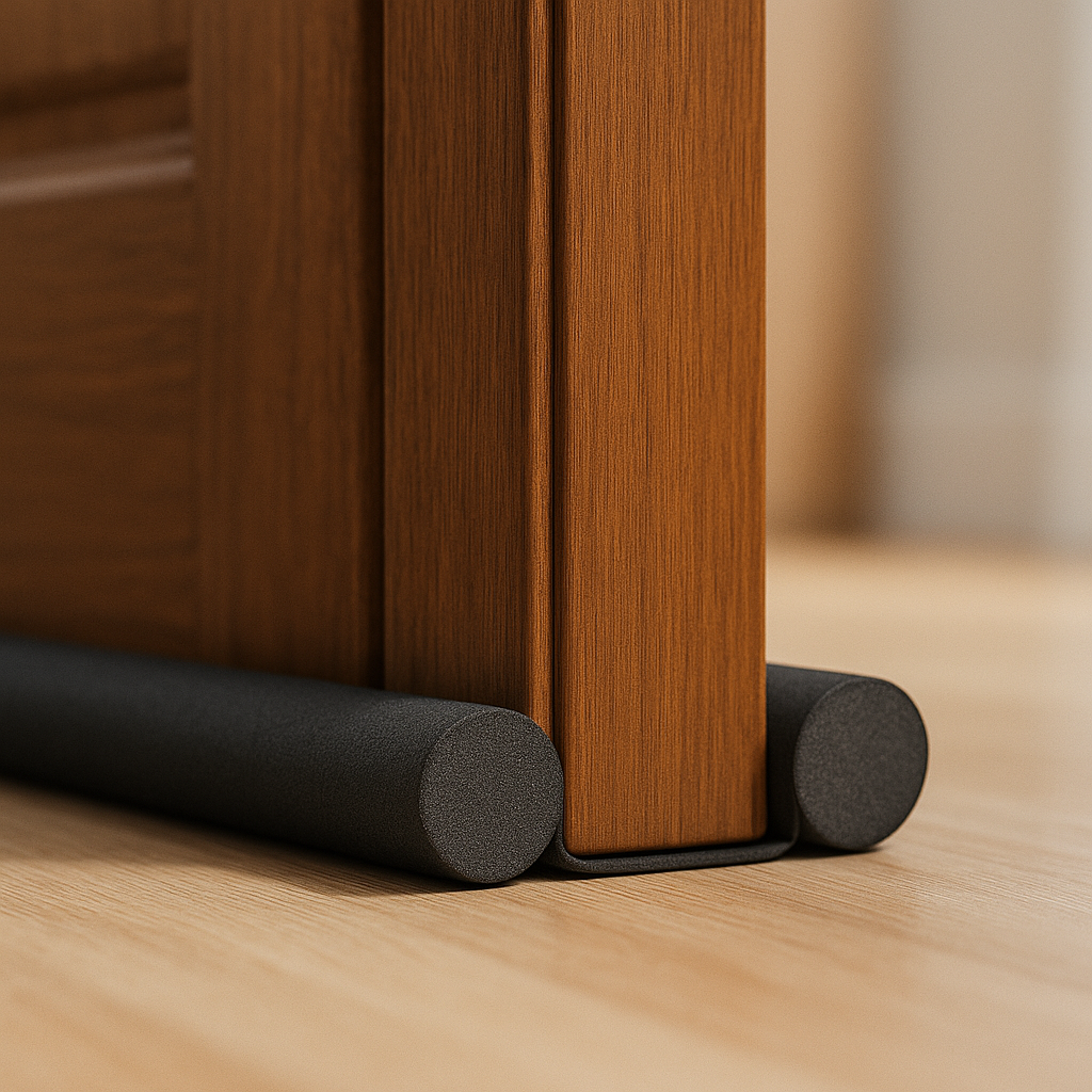 Een houten deur met een zwarte tochtstrip van schuim eronder geplaatst.