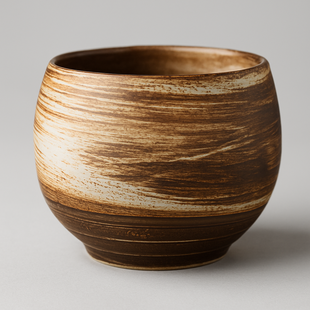 Keramische theekop met bruine en crèmekleurige handgeborstelde texturen op een donker houten oppervlak.