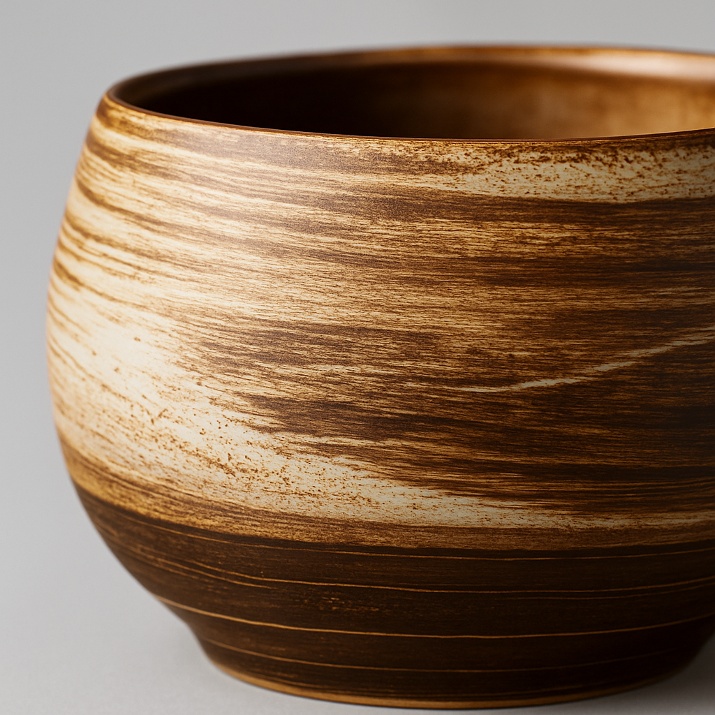 Keramische theekop met bruine en crèmekleurige handgeborstelde texturen op een donker houten oppervlak.