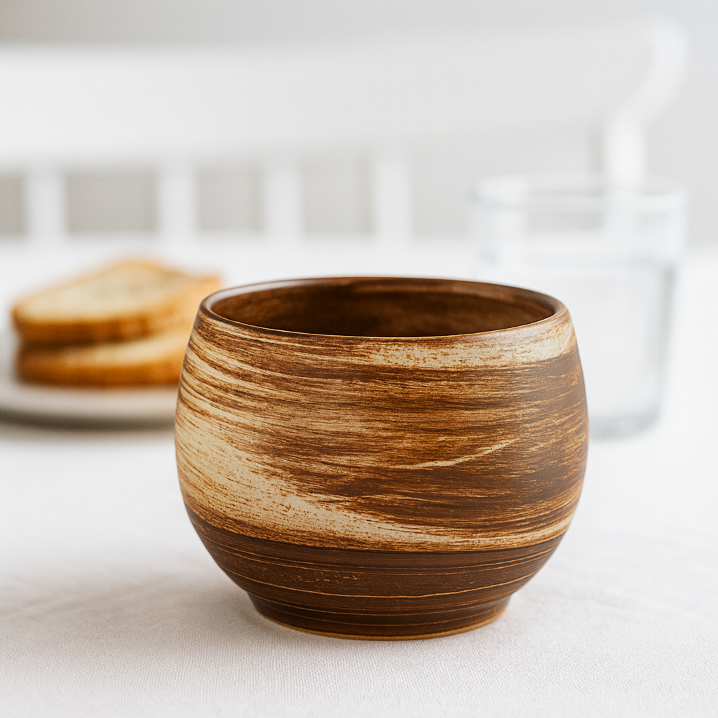 Keramische theekop met bruine en crèmekleurige handgeborstelde texturen op een donker houten oppervlak.