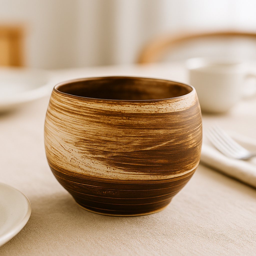 Keramische theekop met bruine en crèmekleurige handgeborstelde texturen op een donker houten oppervlak.