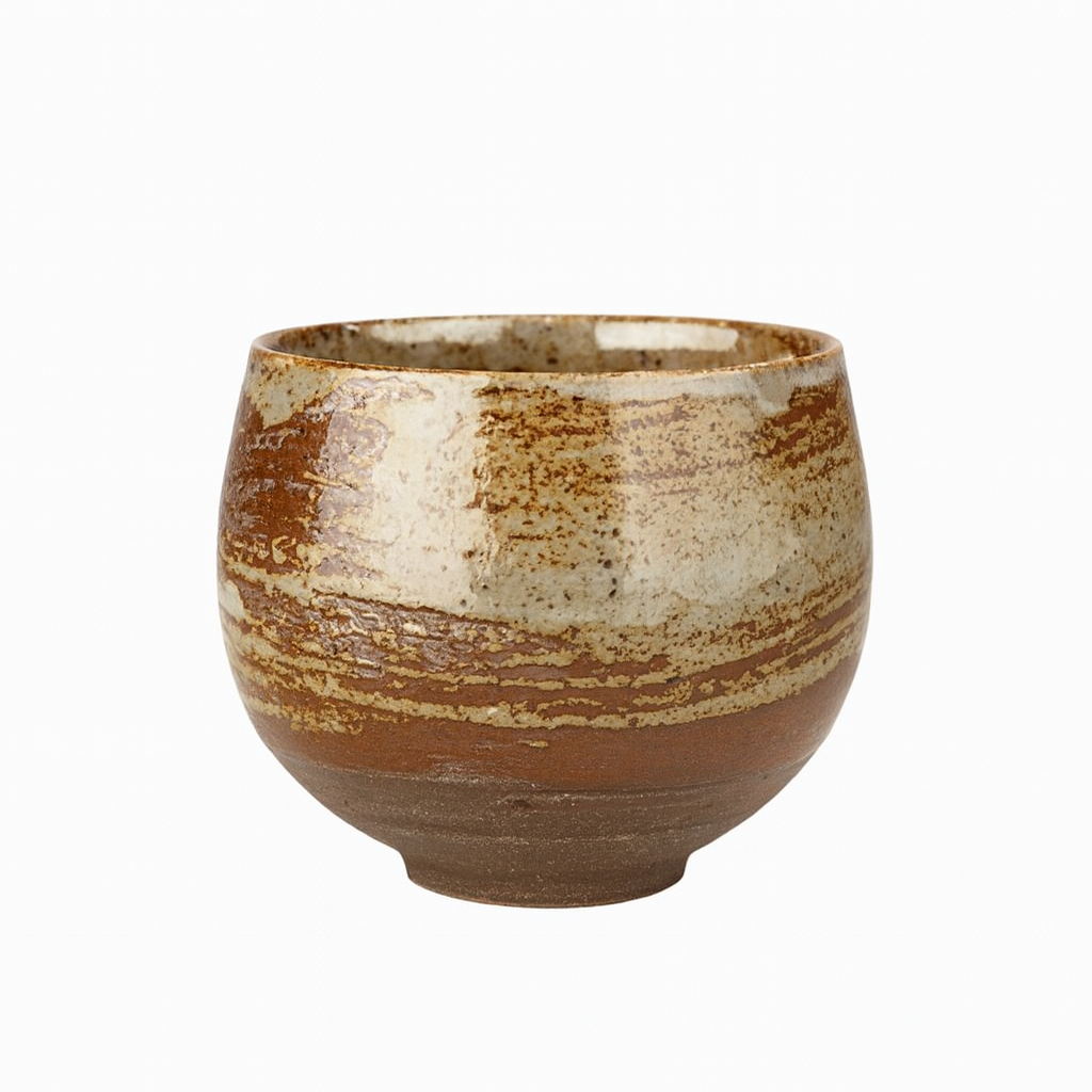 Keramische theekop met bruine en crèmekleurige handgeborstelde texturen op een donker houten oppervlak.