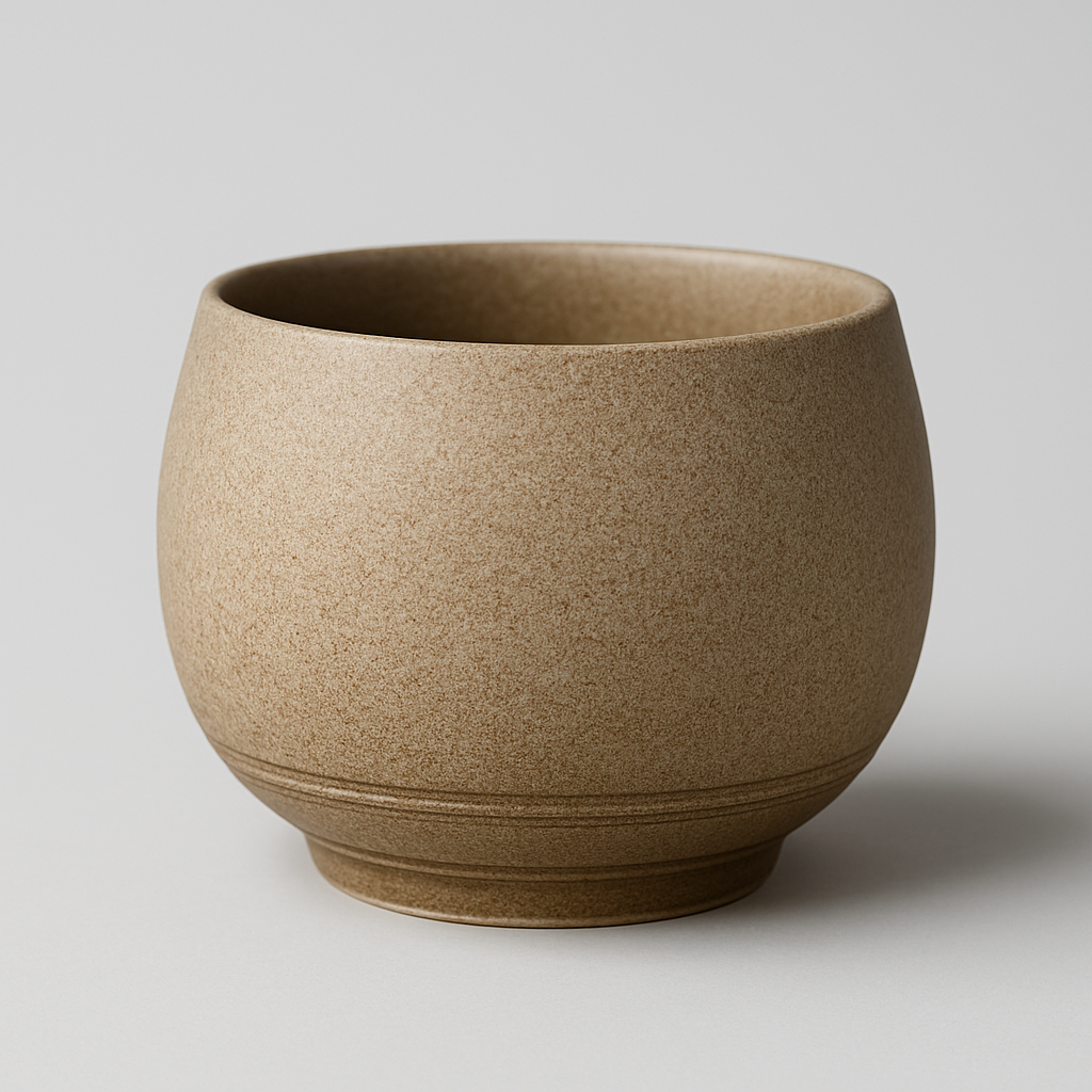 Keramische theekop met bruine en crèmekleurige handgeborstelde texturen op een donker houten oppervlak.