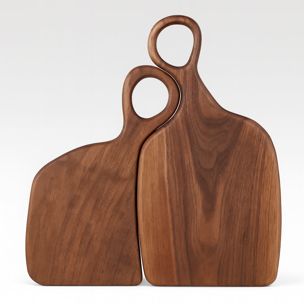 Twee acaciahouten snijplanken met ronde lusgrepen die tegen een muur leunen.