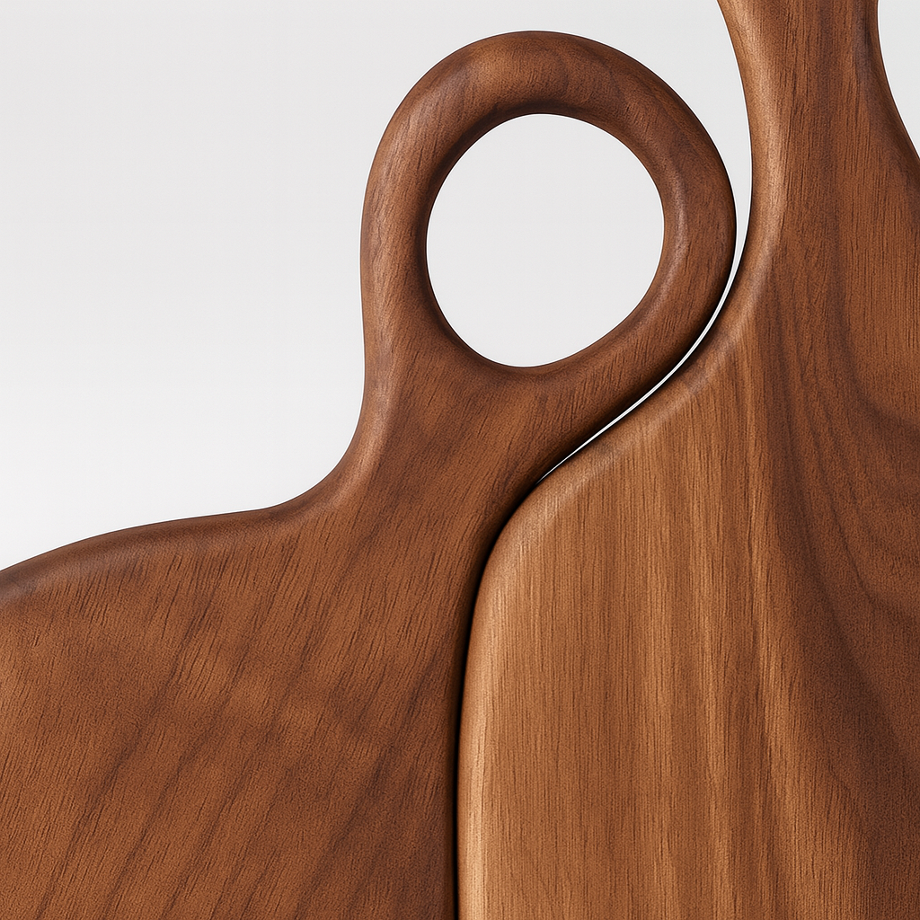 Twee acaciahouten snijplanken met ronde lusgrepen die tegen een muur leunen.