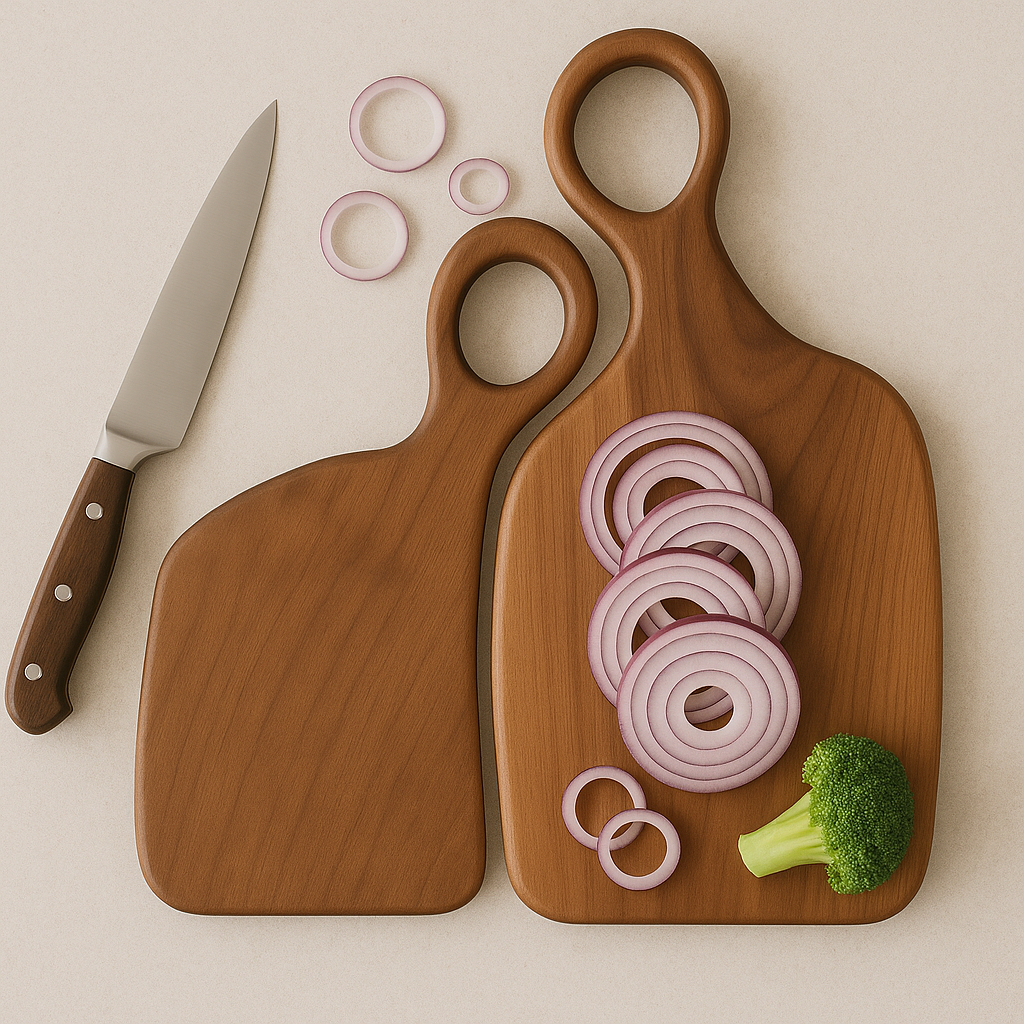 Twee acaciahouten snijplanken met ronde lusgrepen die tegen een muur leunen.