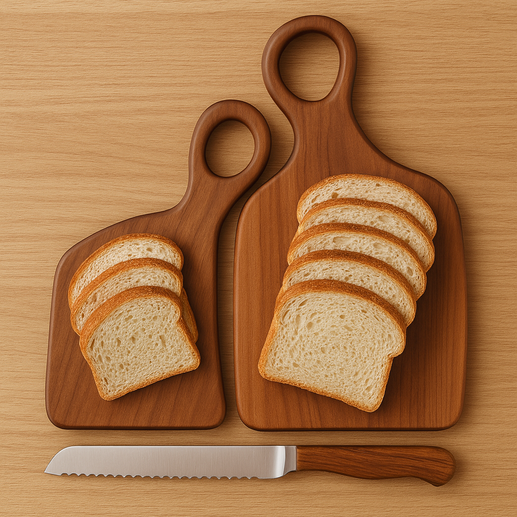 Twee acaciahouten snijplanken met ronde lusgrepen die tegen een muur leunen.