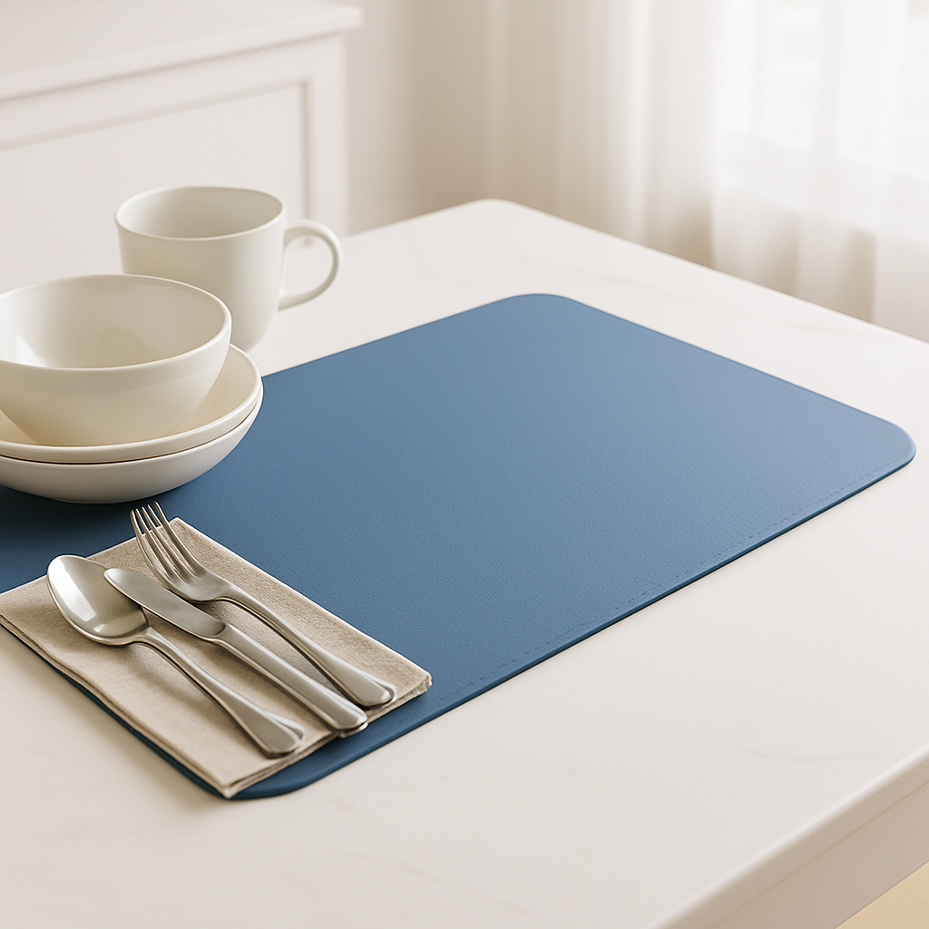 Microvezel afdruipmat op een marmeren aanrecht met servies en bestek erop.