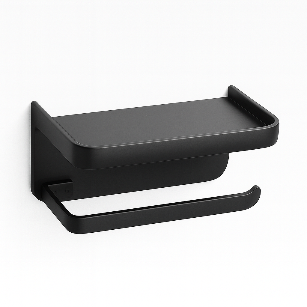 Wandgemonteerde houder met een bovenste plank en een lagere rail.