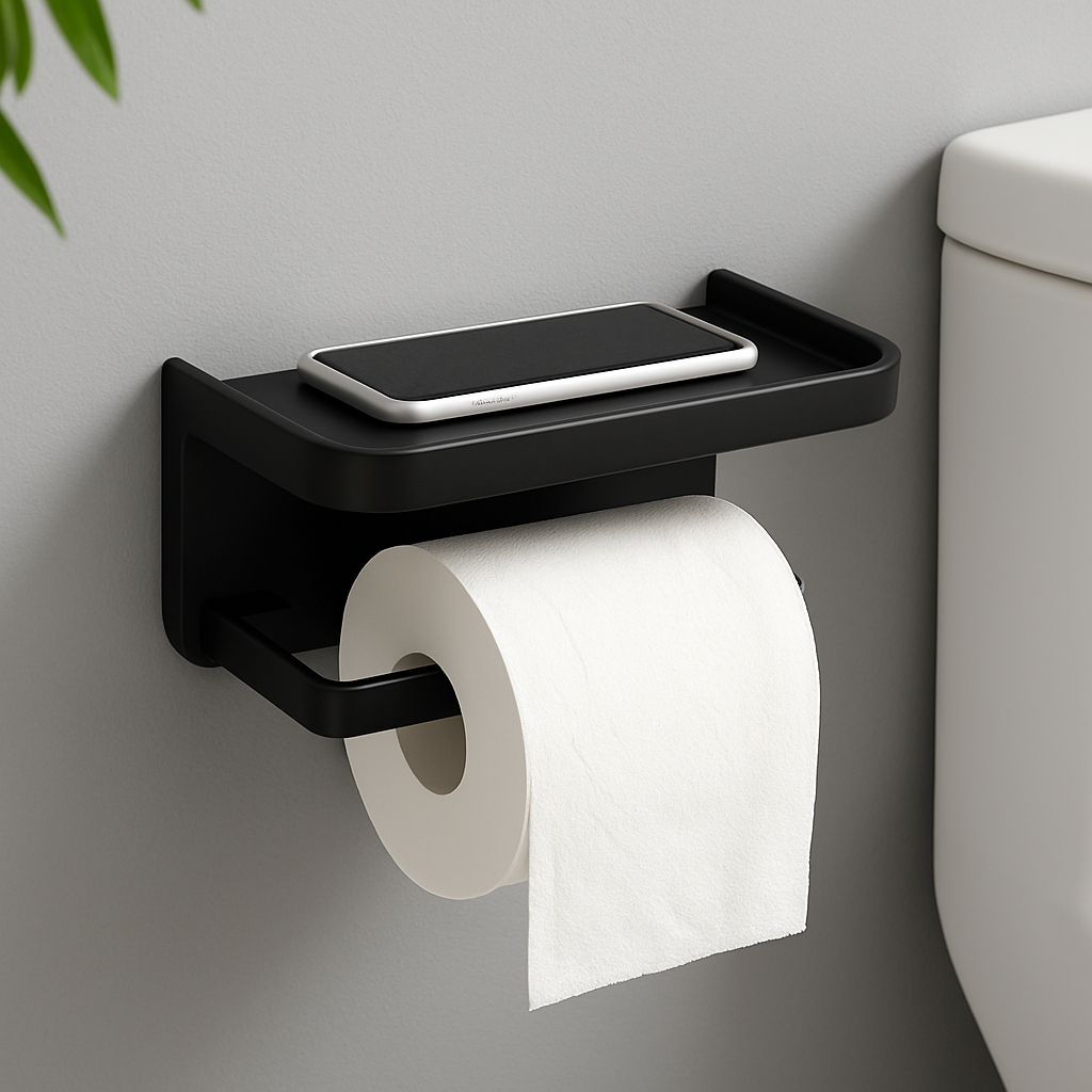 Wandgemonteerde houder met een bovenste plank en een lagere rail.