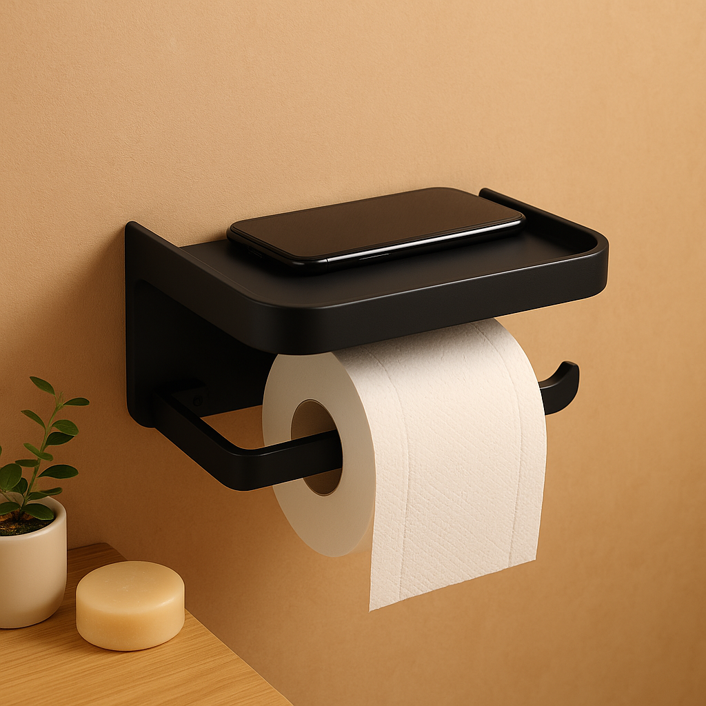 Wandgemonteerde houder met een bovenste plank en een lagere rail.