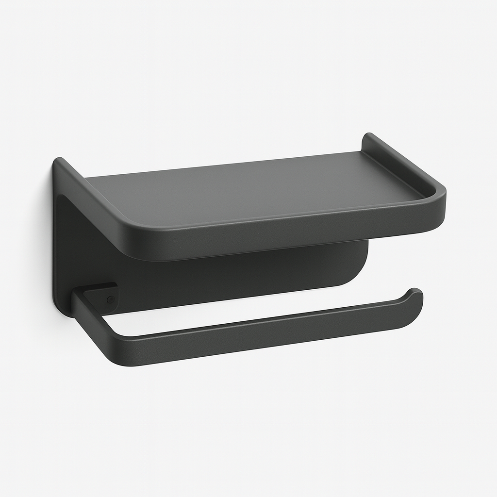 Wandgemonteerde houder met een bovenste plank en een lagere rail.