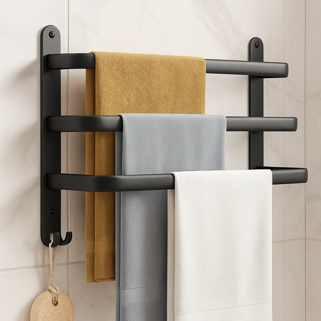 Wandgemonteerd metalen rek met horizontale spijlen en onderste haken.