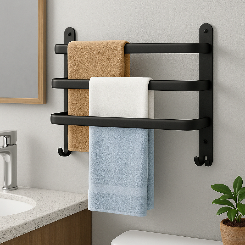 Wandgemonteerd metalen rek met horizontale spijlen en onderste haken.