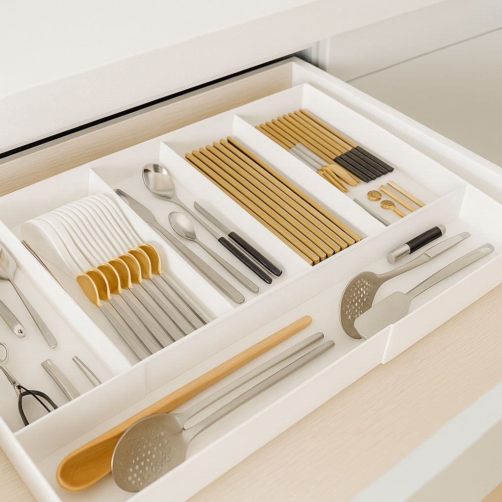 Acryl keukenlade-organizers met bestek, gereedschap en kookaccessoires.