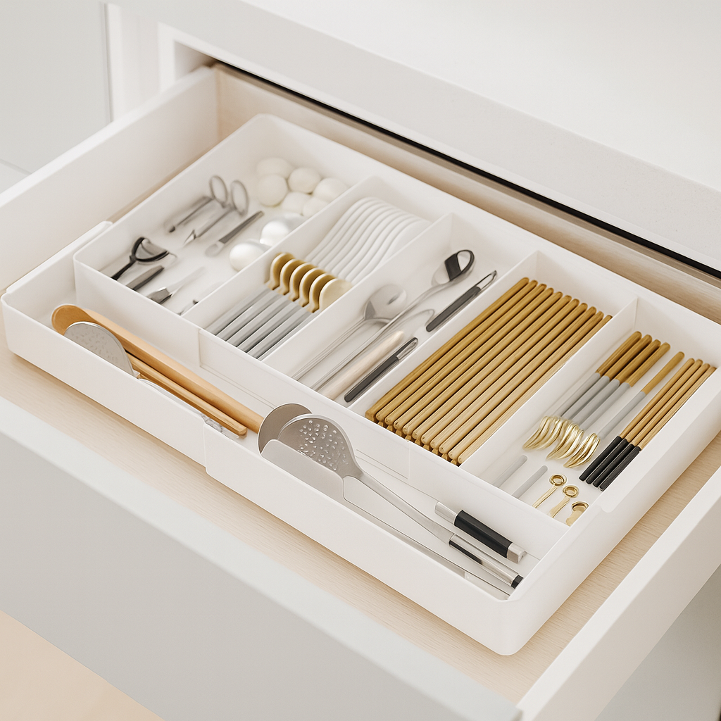 Acryl keukenlade-organizers met bestek, gereedschap en kookaccessoires.