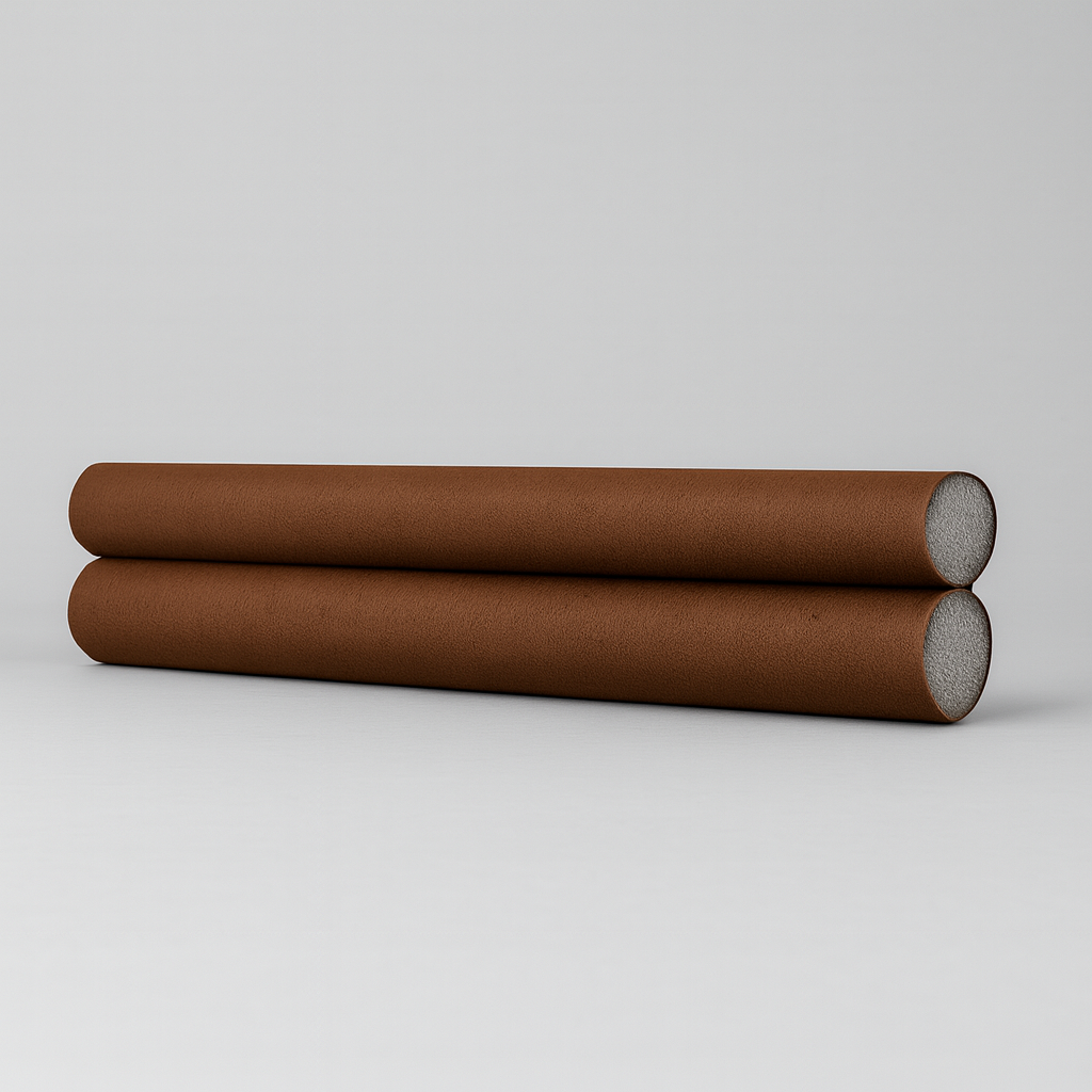 Een houten deur met een zwarte tochtstrip van schuim eronder geplaatst.